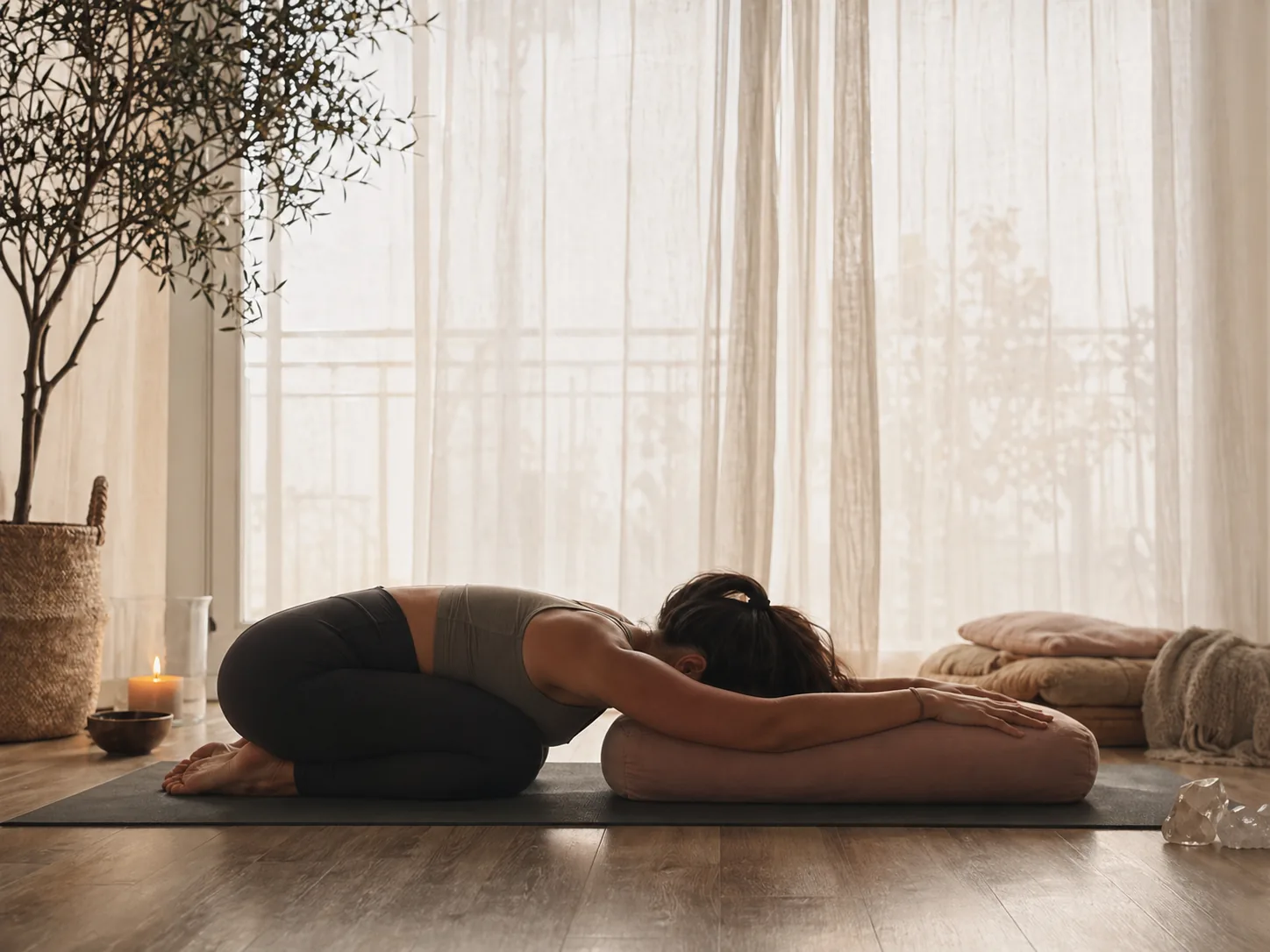 Postura restaurativa sobre mat de yoga